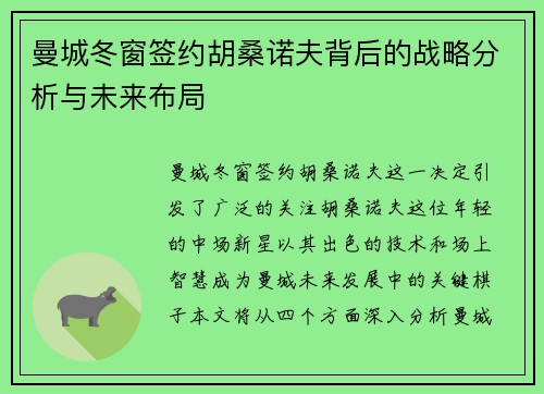 曼城冬窗签约胡桑诺夫背后的战略分析与未来布局