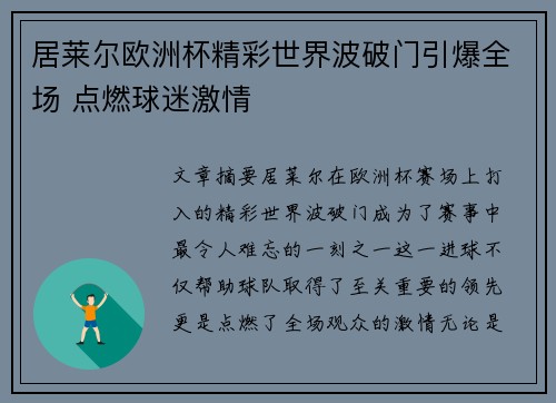 居莱尔欧洲杯精彩世界波破门引爆全场 点燃球迷激情