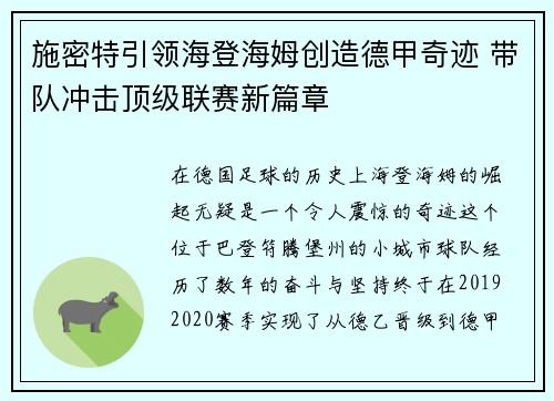 施密特引领海登海姆创造德甲奇迹 带队冲击顶级联赛新篇章 施密特引领海登海姆创造德甲奇迹 带队冲击顶级联赛新篇章